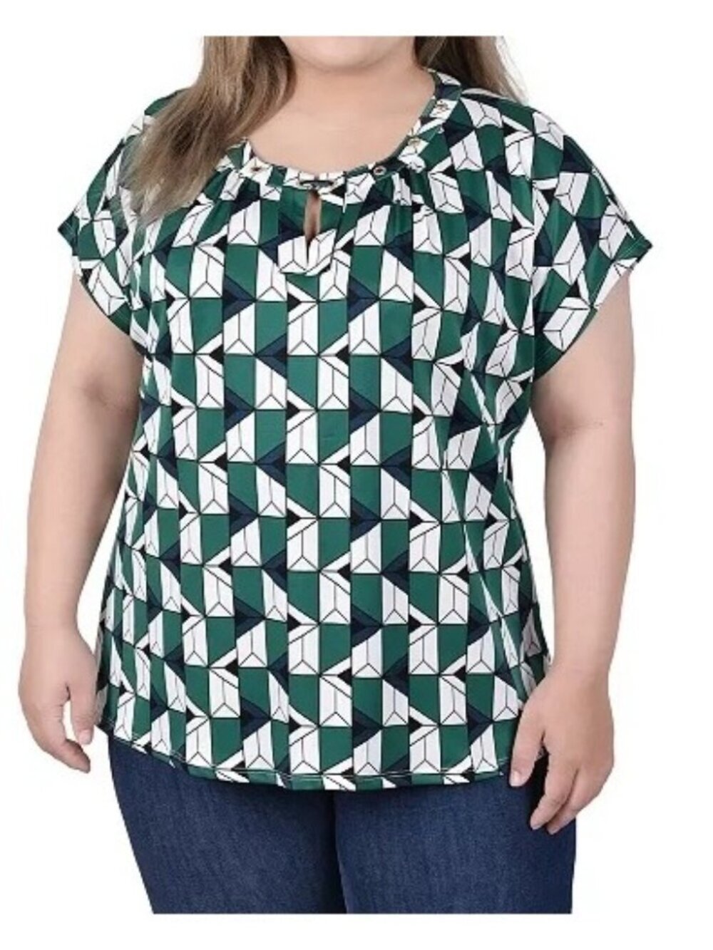 NY COLLECTION Extended Sleeve Top with Grommets~Size 1X~Kelly Green Geo Link L17
